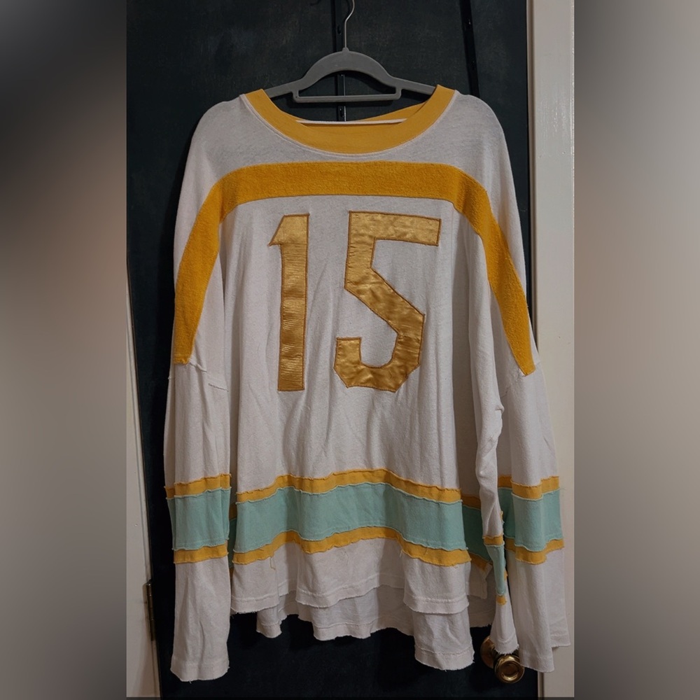 Free People Vintage Style White and Gold Jersey Top